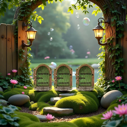 JJLFresheners 3Pcs Green Fairy Door Wooden Miniature Fairy Garden Doors Outdoor Mini Gnome House