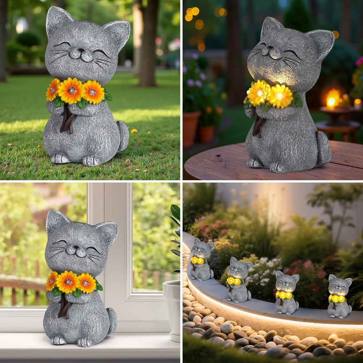 Solar Garden Statues Cat with Daisy and LED Lights Birthday Gifts for Women Mom Grandma Solar