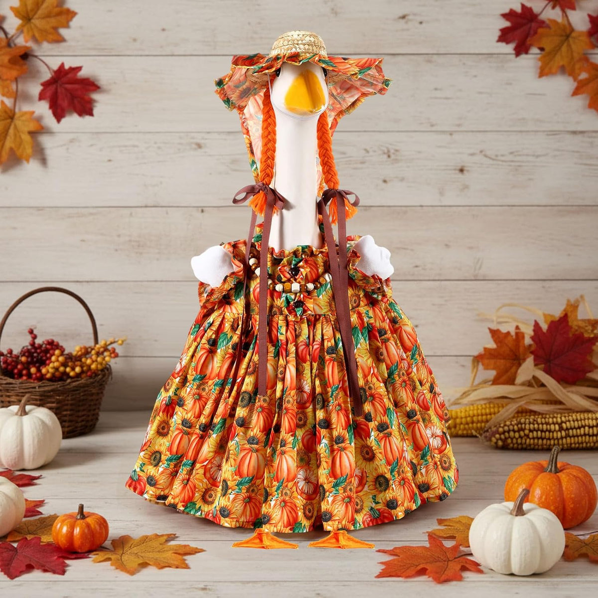 Fall Thanksgiving Goose Outfit Sunflower Porch Goose Costume with Hat Necklace for 23 Autumn Patio