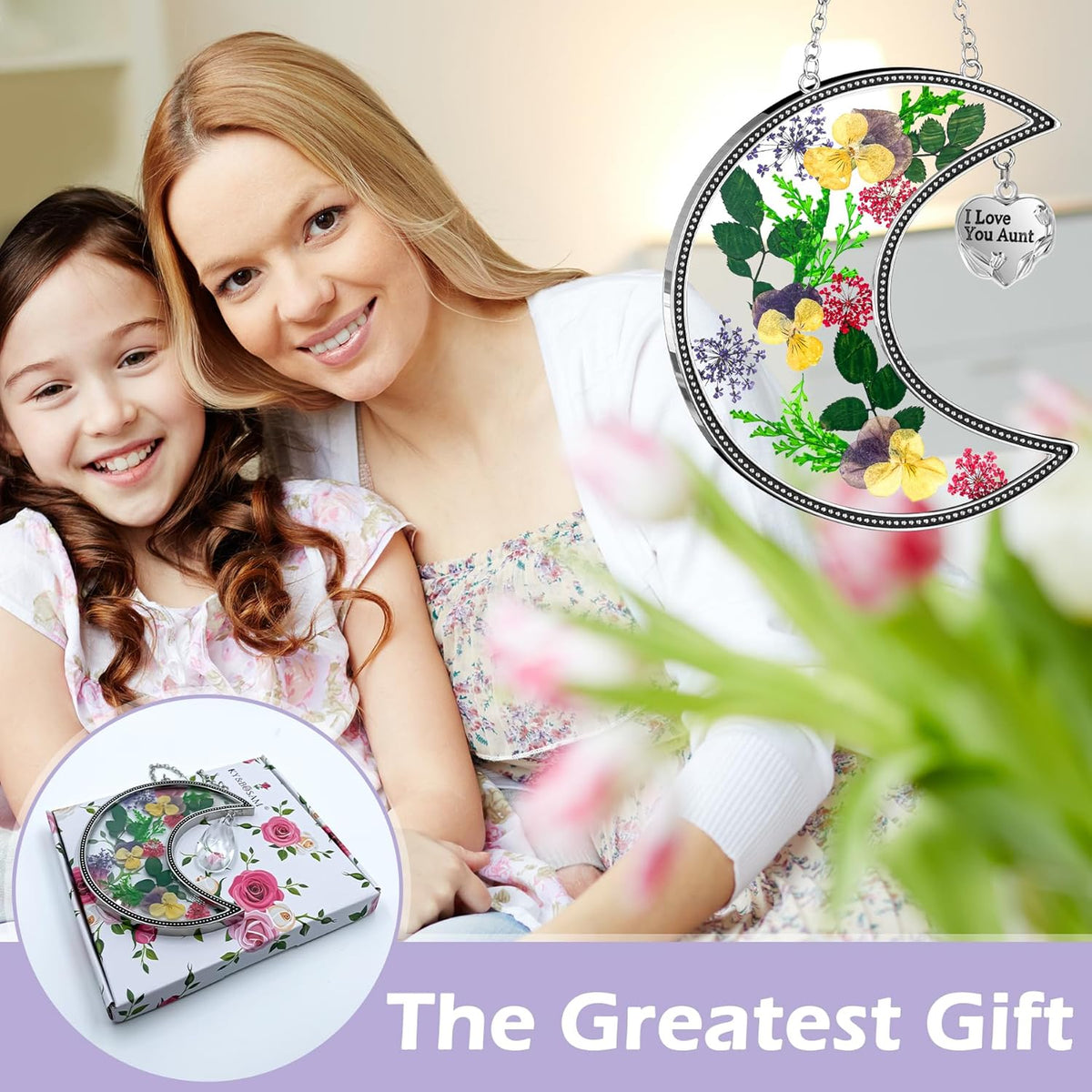 KY&BOSAM Moon Suncatchers Aunt Gifts for Mom Family Friends Stained Glass for Windows Wind Chimes