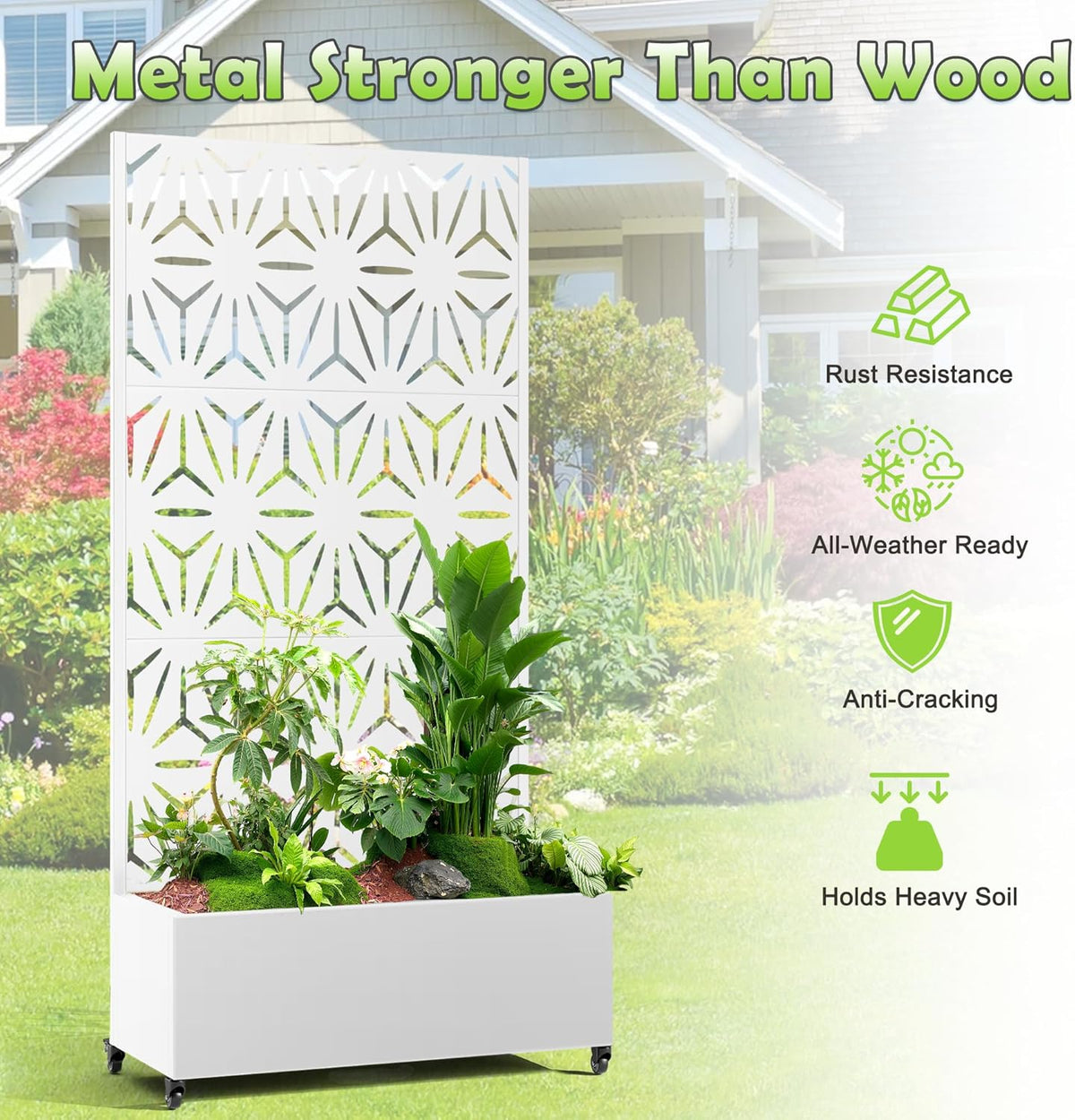15.7"×70.9"×35.4" Metal Raised Garden Bed with Trellis and Wheels - Tall Trellis Planter Box for