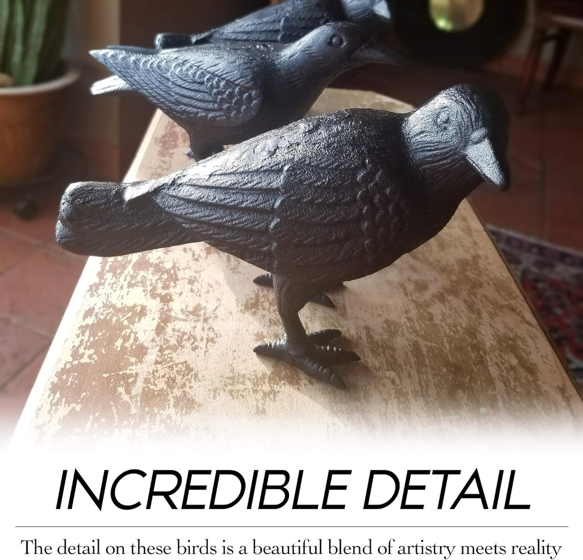 NACH Cast Iron Crow Statue, Head to Side Raven, Large Garden Statues, Crow Garden Sculpture, Bird