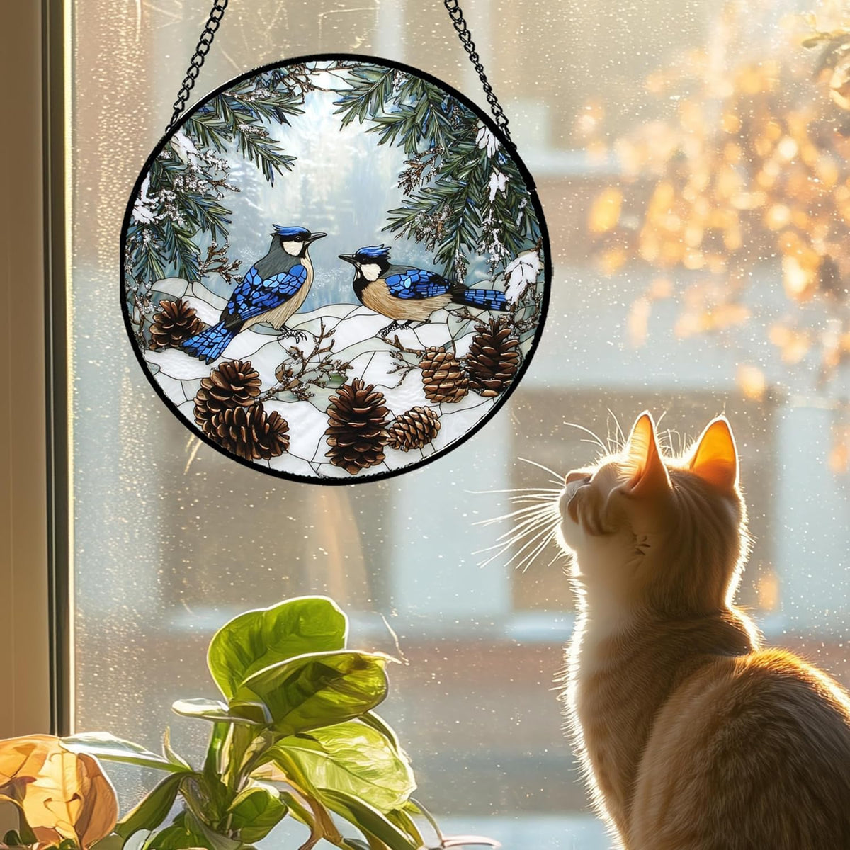 Stained Glass Window Hanging - Blue Bird Winter Forest Landscape Suncatcher for Door Garden Yard