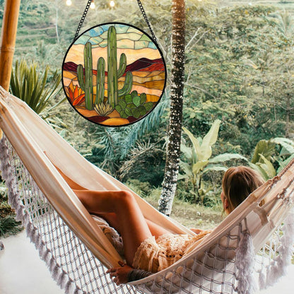 Stained Glass Window Hanging, Green Cactus Sun Catcher for Door Terrace Garden Home Decor, Abstract