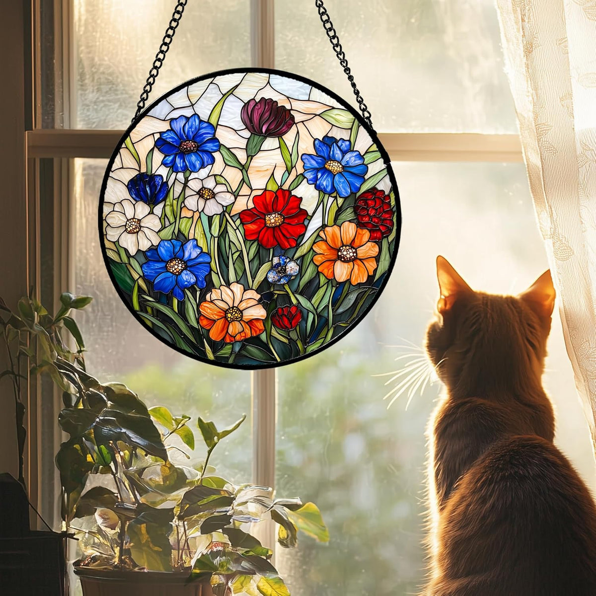 Stained Glass Suncatcher, Colorful Flowers Green Leaf Sun Catcher Landscape Stain Glass Window
