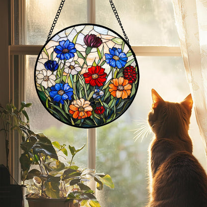 Stained Glass Suncatcher, Colorful Flowers Green Leaf Sun Catcher Landscape Stain Glass Window