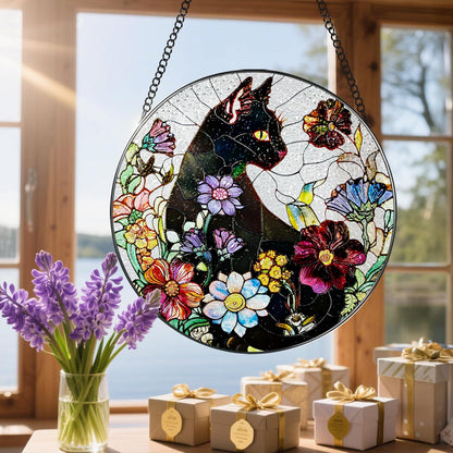 Stained Glass Window Hanging, 8 Inch Black Cat Sun Catcher, Stained Glass Suncatcher, Suncatchers