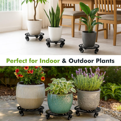 3 Packs Large Metal Plant Caddy with Wheels 13 Inches Heavy-duty Wrought Iron Rolling Plant Stands