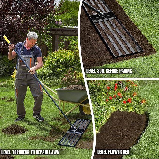 Jardineer Lawn Leveling Rake 36 Inches with 72 Inches Long Handle, Yard Leveling Rakes for Grass