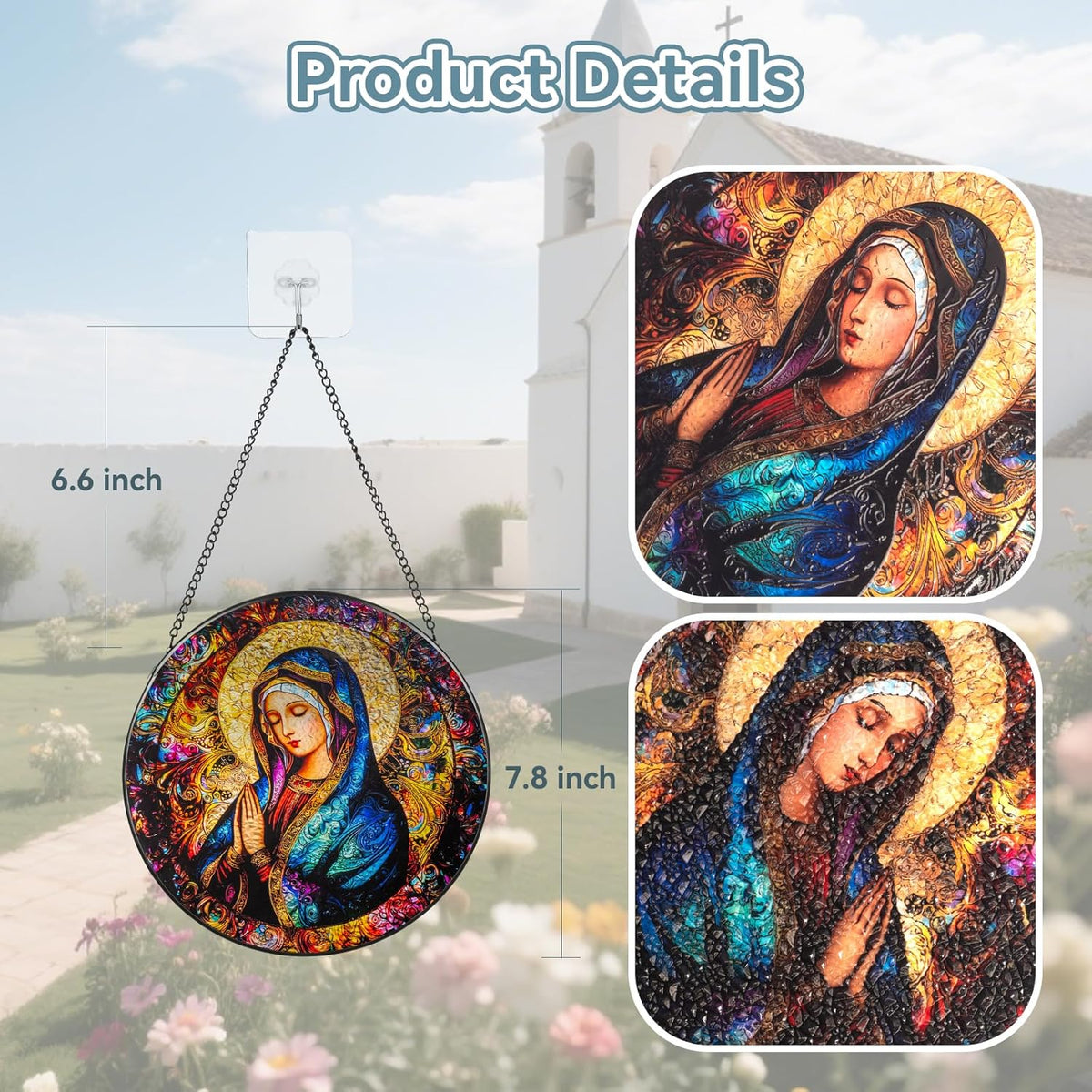 Suncatcher Stained Glass Window Hanging - Mother Mary Glass Panel with Metal Chain and Hooks