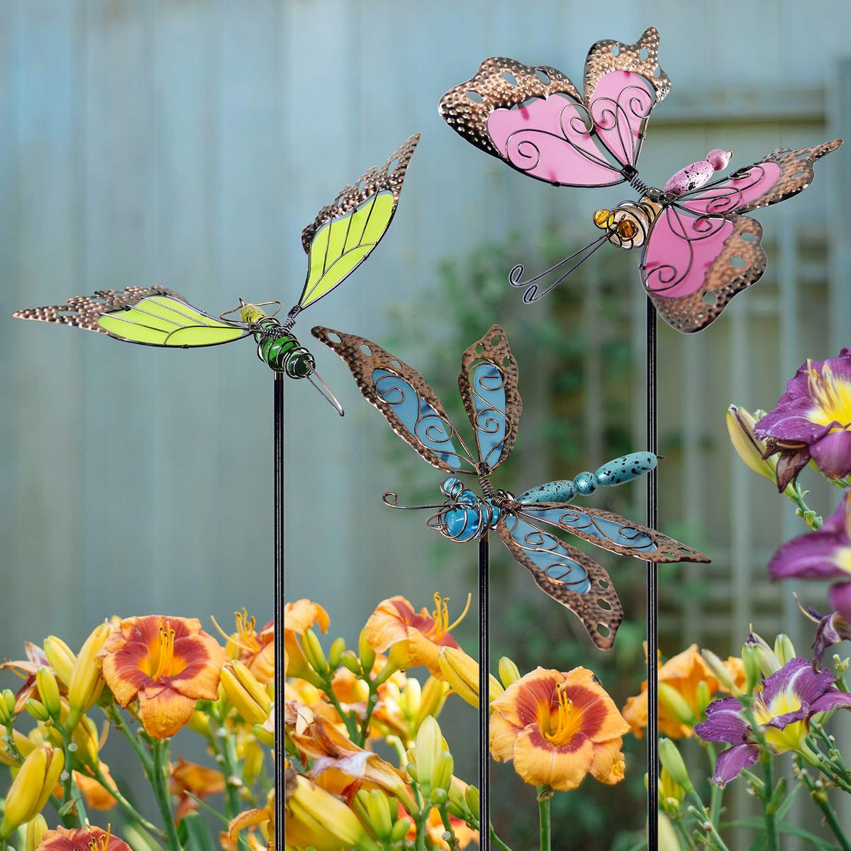 Juegoal 34 Inch Butterfly Garden Stakes Decor, Dragonfly Hummingbird Stakes, Glow in Dark Metal