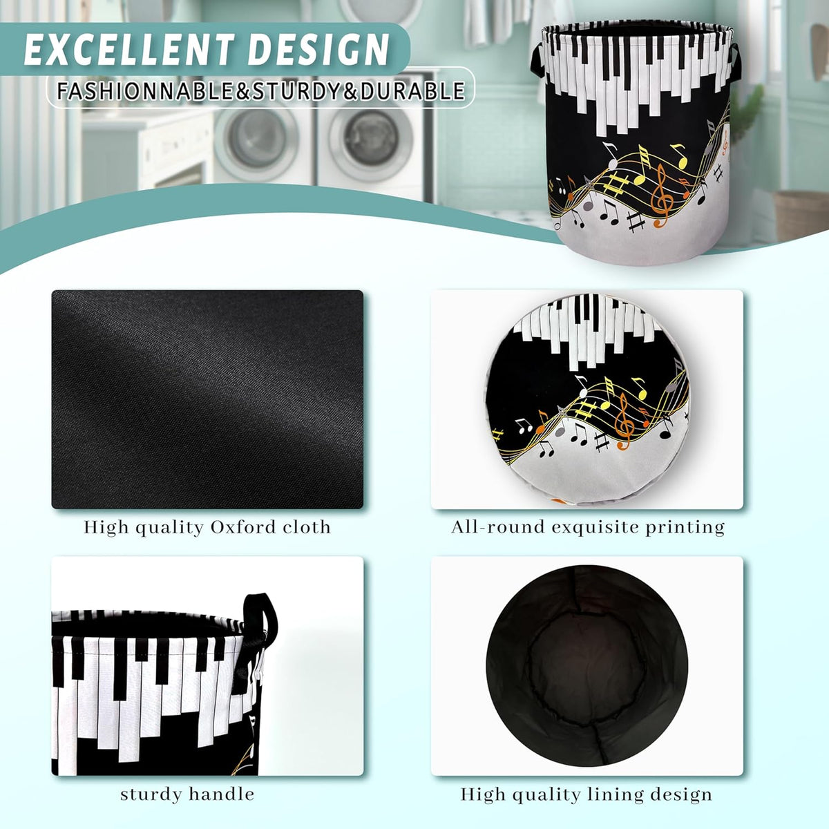 Piano Keyboard Laundry Basket Foldable With Handles Music Notes Tote Bag Oxford Cloth Colorful