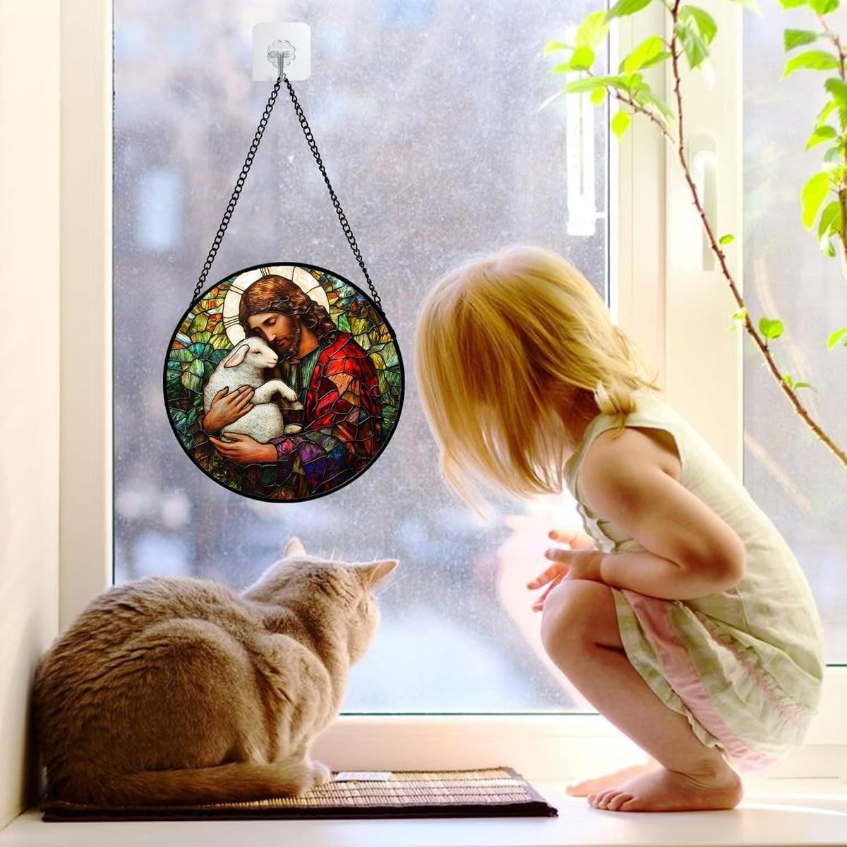 Stained Glass Window Hanging, Jesus Little Lamb Sun Catchers Colorful Glass Panel Christianity