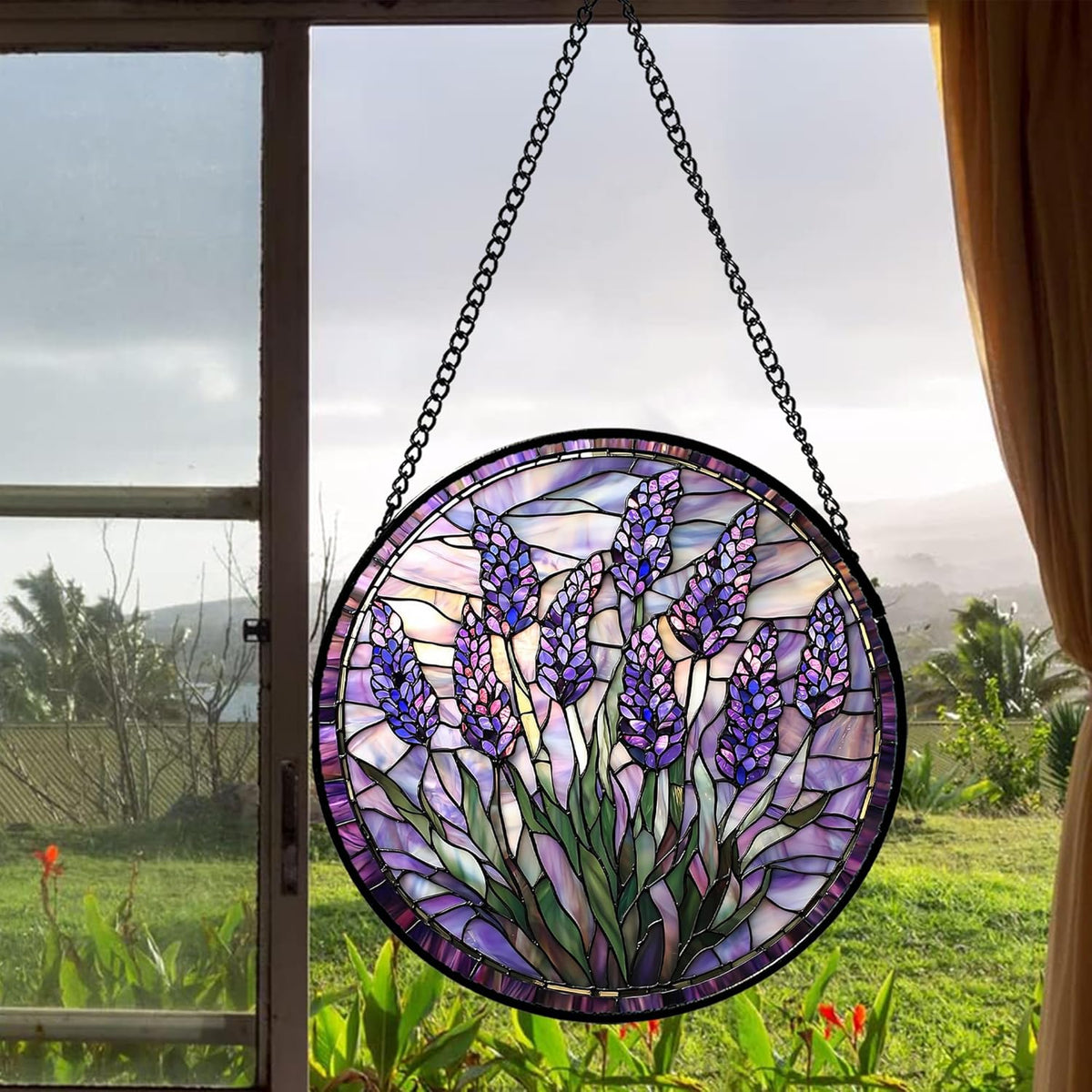 Stained Glass Window Hanging - Purple Flowers Suncatcher for Door Terrace Garden Home Decor