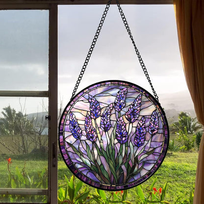 Stained Glass Window Hanging - Purple Flowers Suncatcher for Door Terrace Garden Home Decor