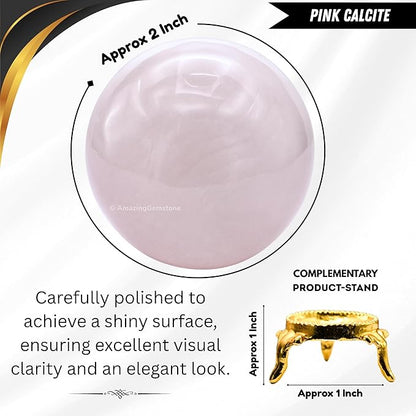 Amazing Gemstone Pink Calcite Crystal Ball with Stand - 2 Inches Crystal Sphere Meditation Balls