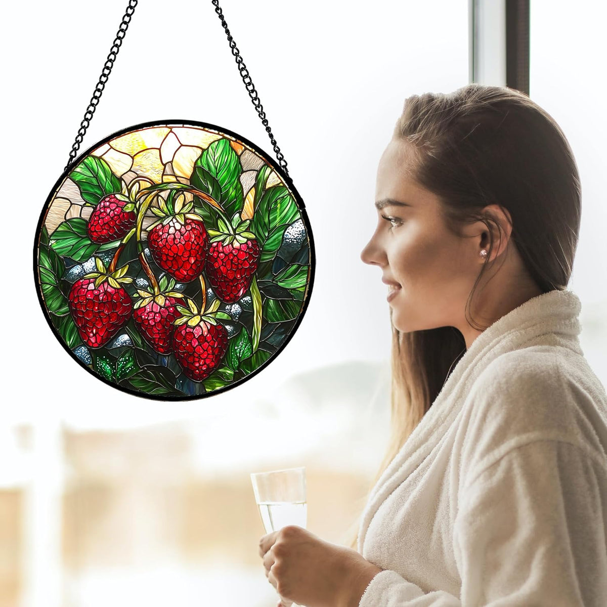 Stained Glass Suncatcher, Red Strawberry Green Leaf Sun Catcher Silver Background Stain Glass