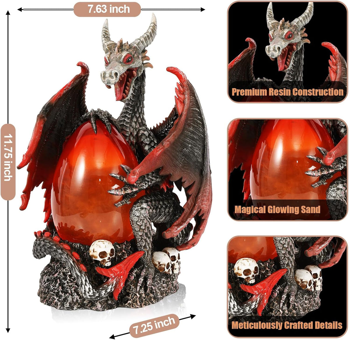 Evil Dragon Snow Globe Statue, Illuminated Water Filled Egg, Rotating Mist Effect, Skull-Embedded