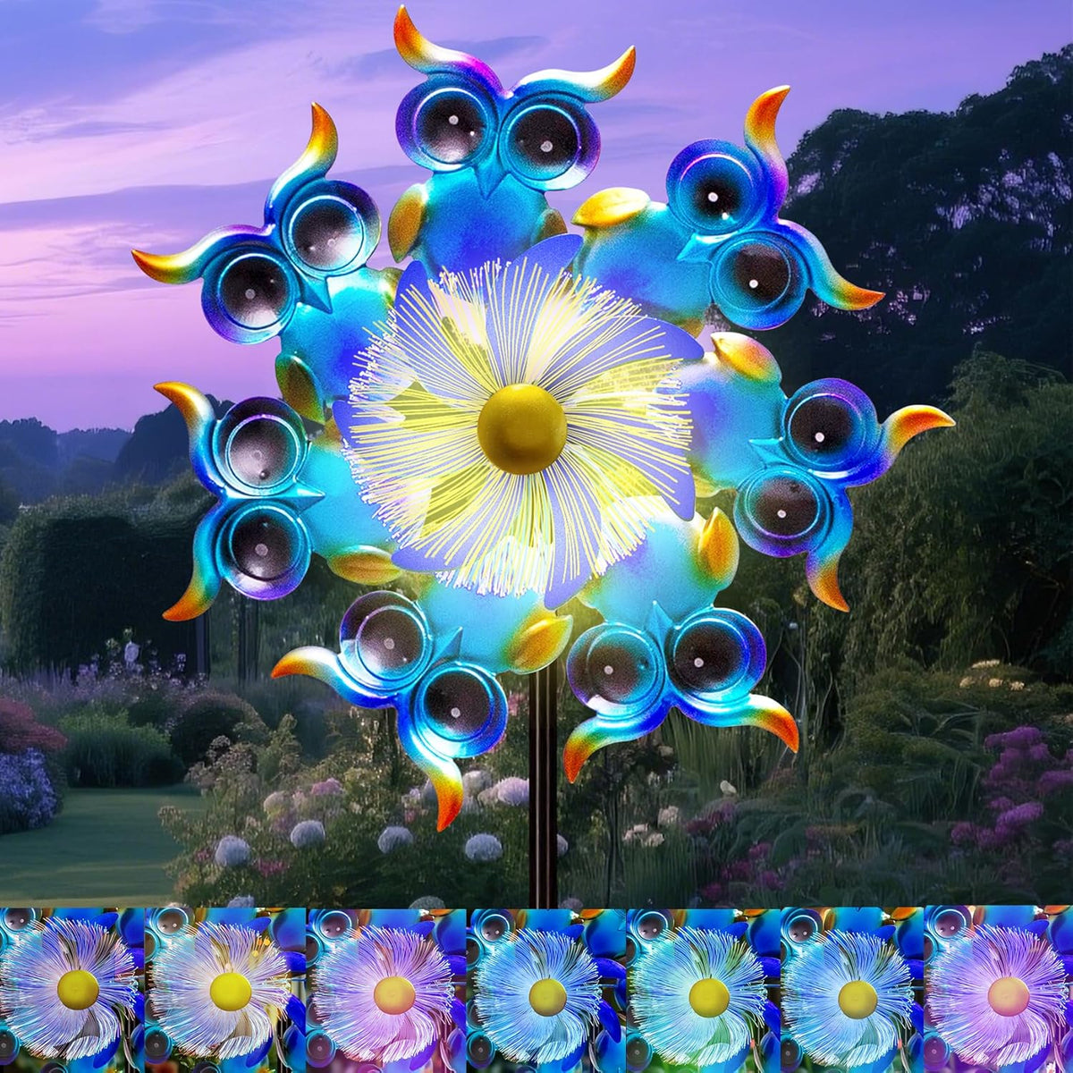 Solar Owls Wind Spinners for Yard and Garden,51 Inch Solar Windmill Seven Color LED Light Whirligig