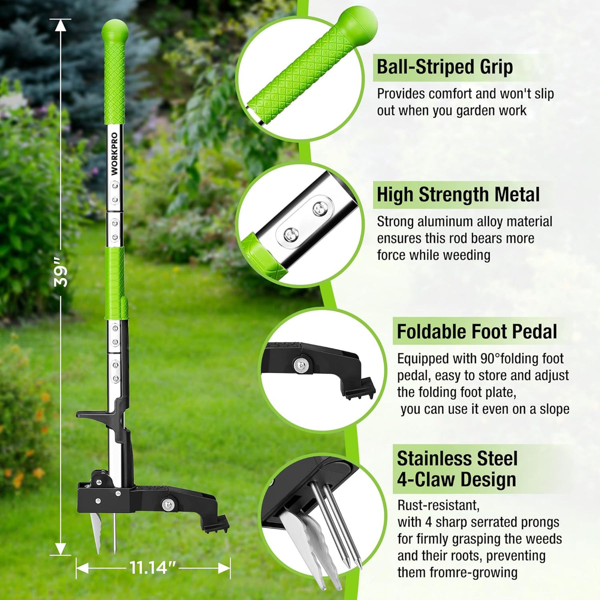 WORKPRO Stand Up Weed Puller Tool, Garden Dandelion Weeder Puller with Ergonomic 39" Long Handle, 4