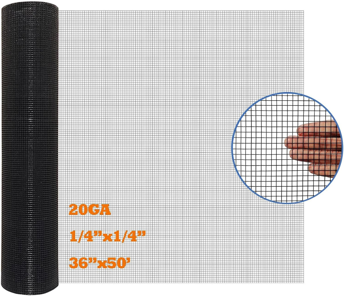 Black PVC Coated Hardware Cloth 36 Inch x 50 Foot -1/4 Inch x 1/4 Inch 20GA