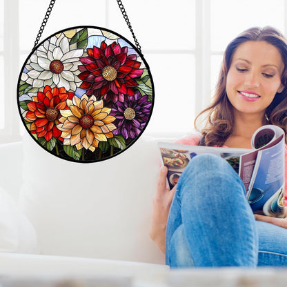 Stained Glass Window Hanging, Colorful Flowers Sun Catcher for Window Door Home Decor Plant
