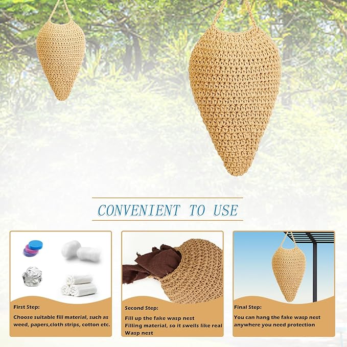 3 Pack Large Crochet Wasp Nest Decoys, Faux Wasp Nest Deterrent for Outdoor Hanging for Wasps