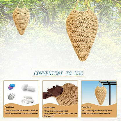 3 Pack Large Crochet Wasp Nest Decoys, Faux Wasp Nest Deterrent for Outdoor Hanging for Wasps