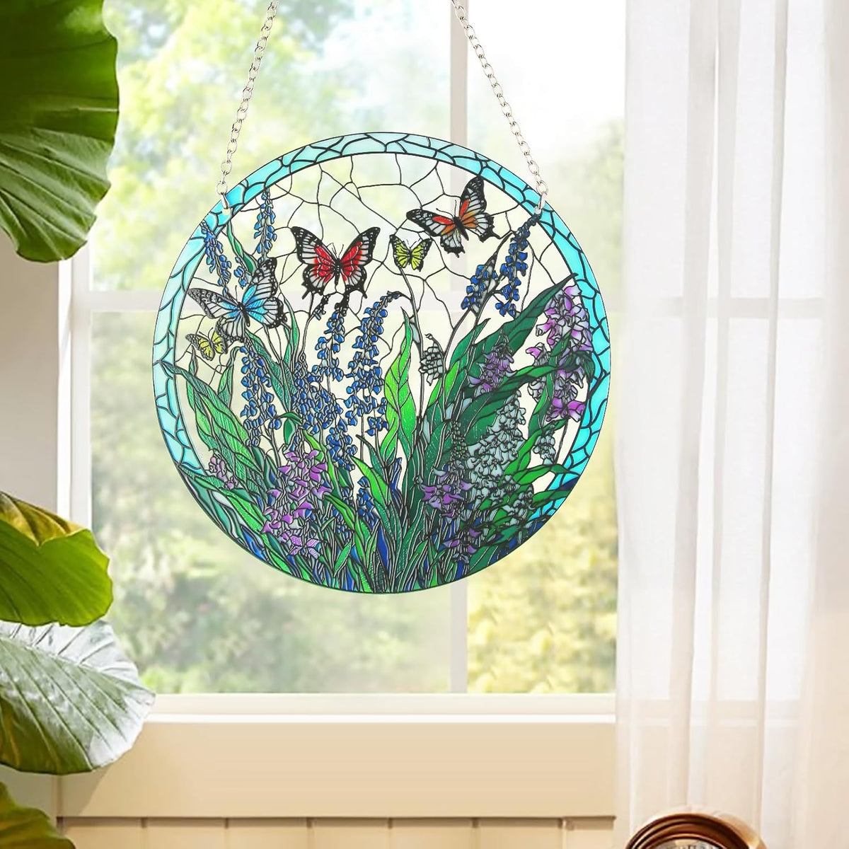 Stained Glass Window Hanging, Hand-Painted Butterfly and Flowers Suncatcher, 6 Inch Round Glass