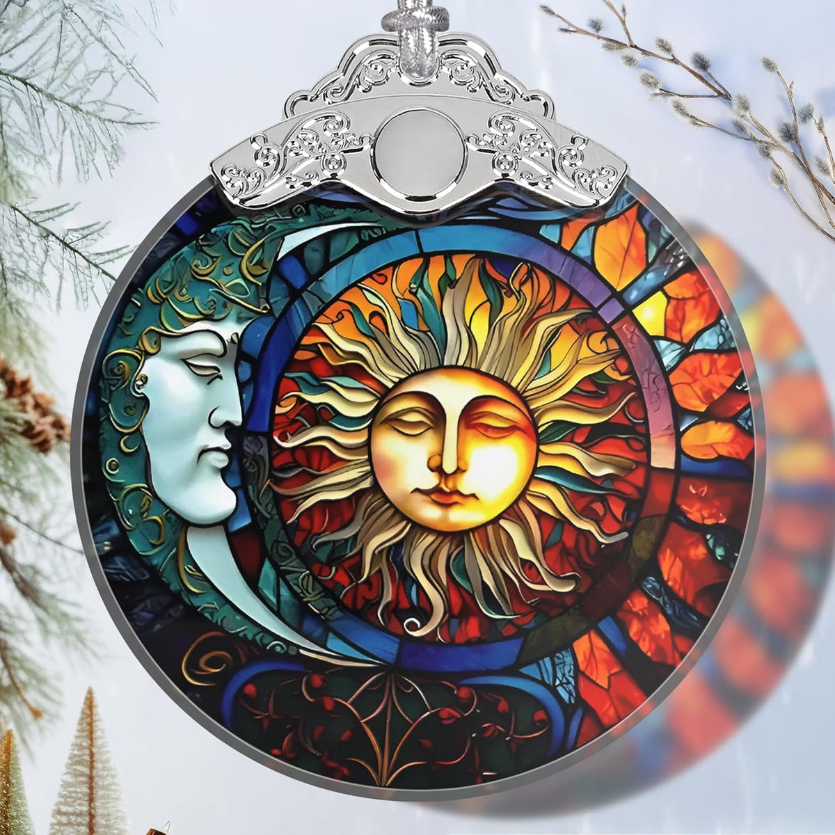 Stained Glass Sun and Moon Ornament - Christmas Ornaments - Christmas Tree Decorations - Holiday