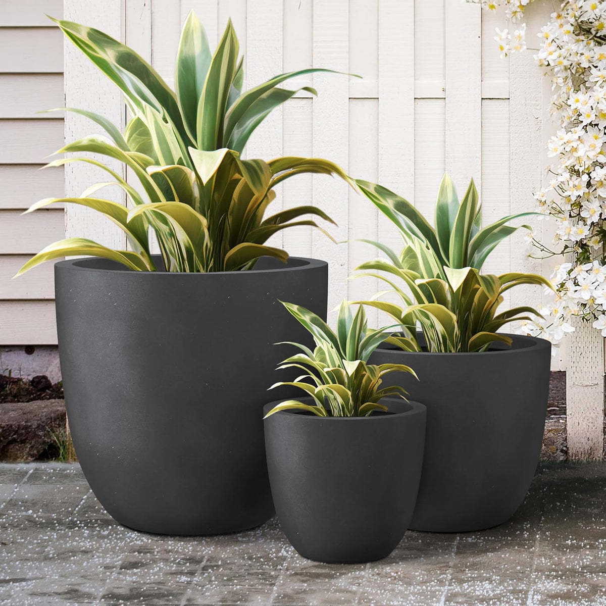 Kante 18",14",10" Dia Concrete Round Planters (Set of 3), Outdoor Indoor Large Planter Pots with
