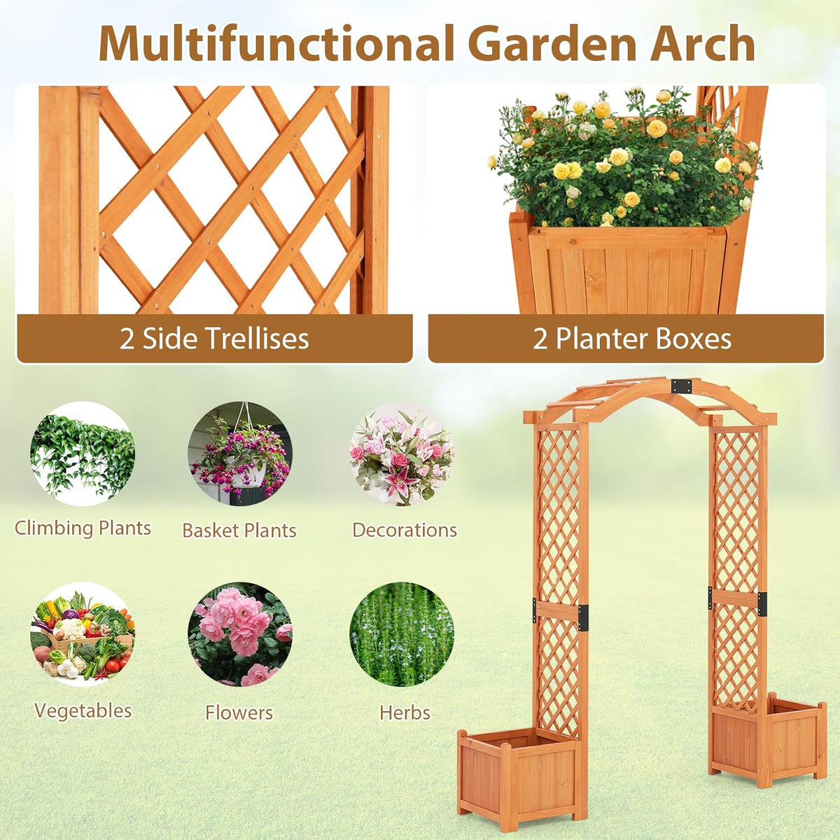 Giantex Garden Arbor with Planter Boxes, Wooden Arch with Trellis and Raised Garden Bed for