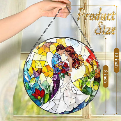 8'' Romantic Couple Wedding Sun Catcher Ornament, Stained Glass Window Hanging, Suncatchers for