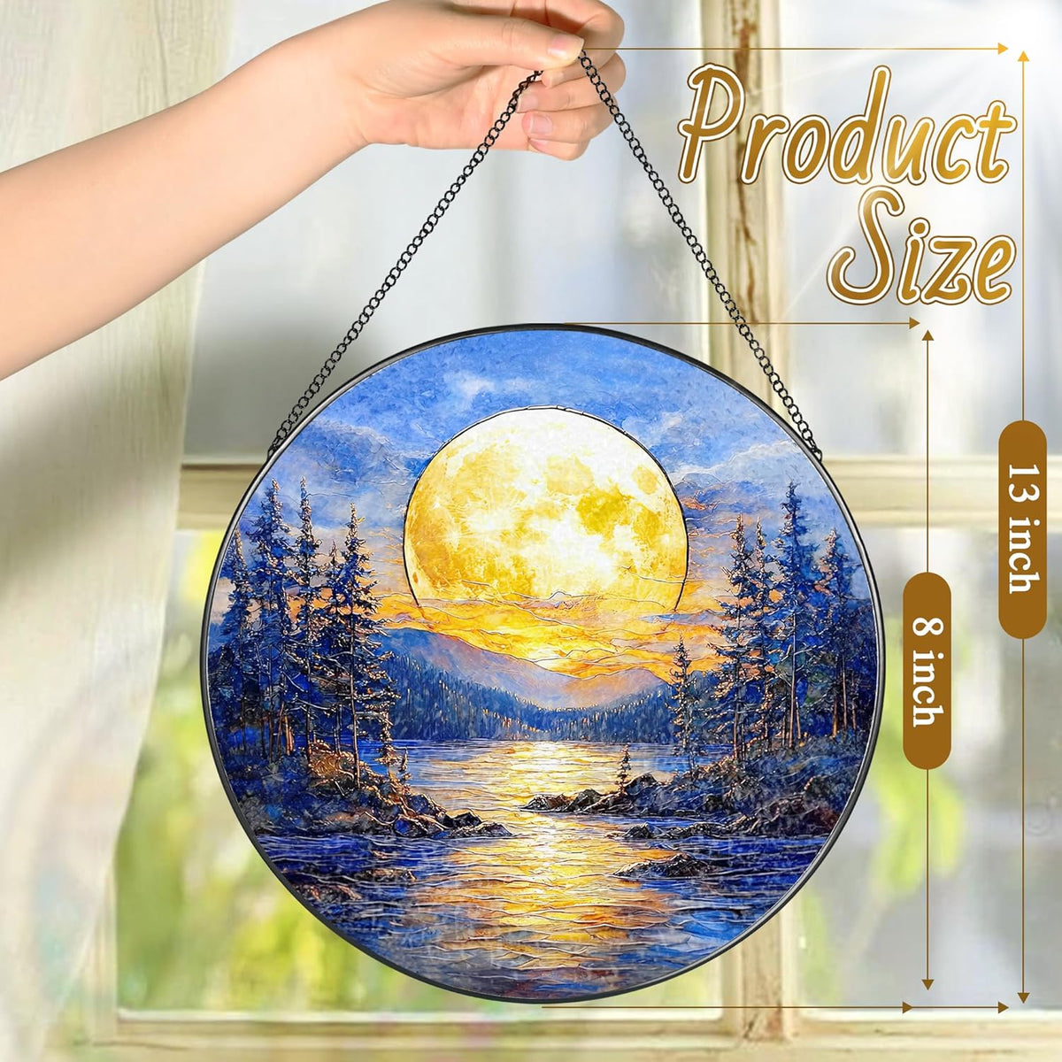8'' Full Moon Over Forest Lake Suncatcher Ornament, Stained Glass Window Hanging, Sun Catchers for