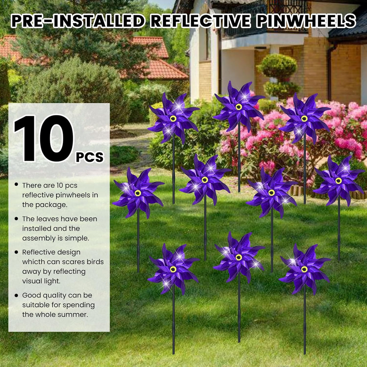 10 PCS Reflective Pinwheels for Yard and Garden Bird Devices Pre-Installed Sparkly Wind Spinner