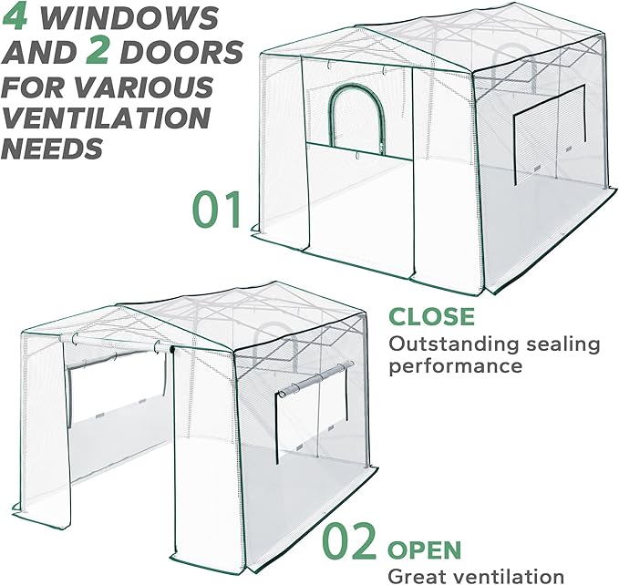 8.7'x 6.6'x 7' Small Walk-in Greenhouse for Outside & Indoor with 2 Roll-up Zipper Doors, 4