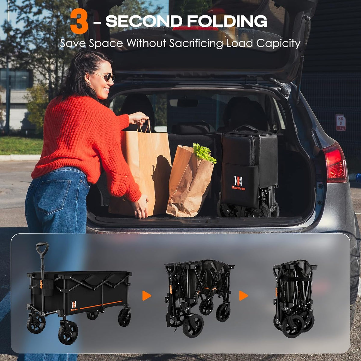 Navatiee 140L Collapsible Folding Wagon, Large Capacity Foldable Wagon with Silent All-Terrain