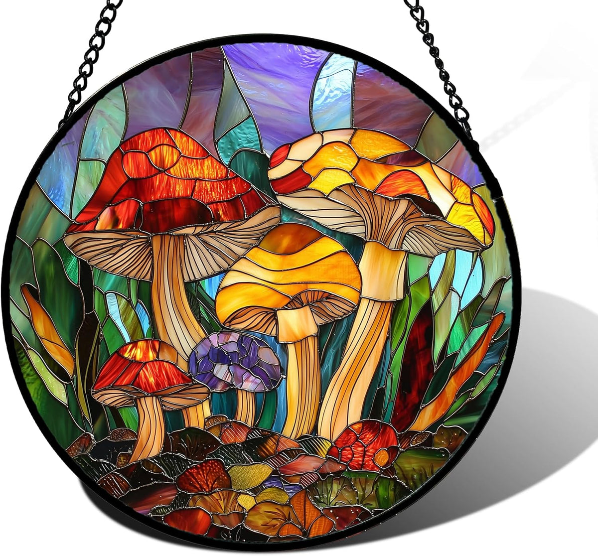 Stained Glass Window Hanging, Jungle Mushrooms Sun Catchers Diamond Glass Panel Hangings Plant