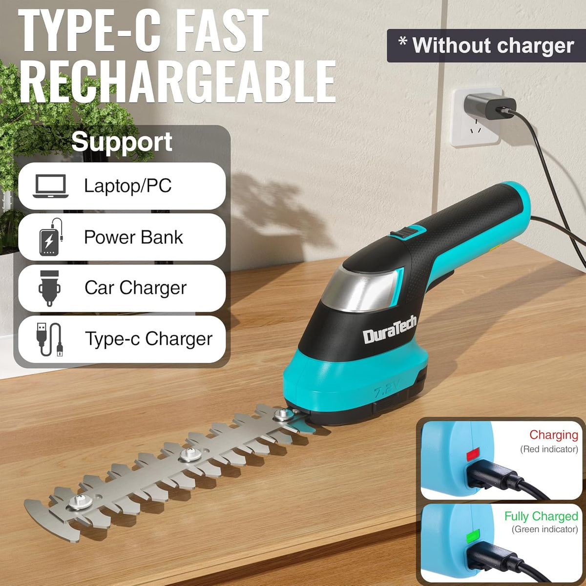 DURATECH Cordless Hedge Trimmer, 7.2V 2-in-1 Handheld Rechargeable Grass Trimmer & Hedge Shears
