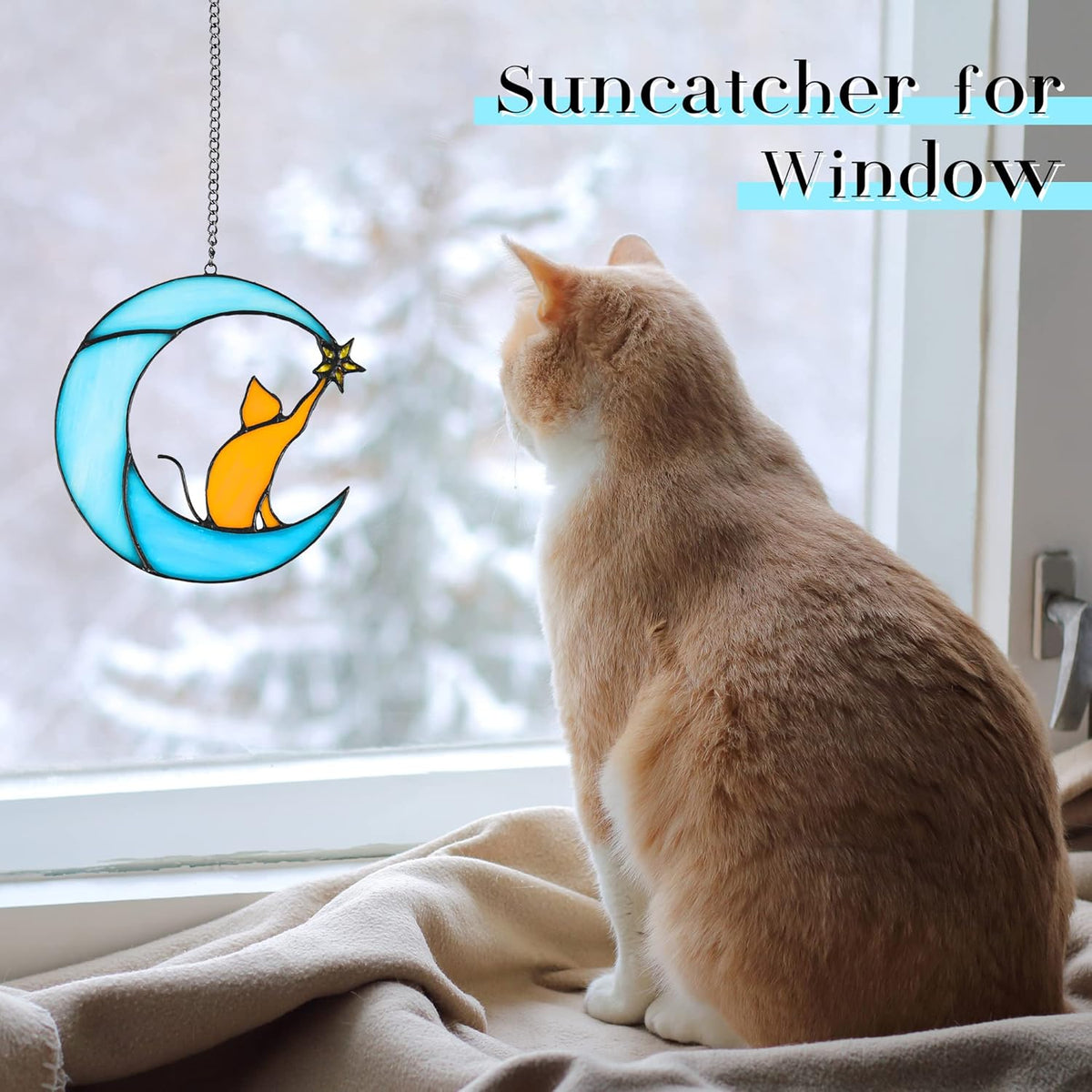 Stained Glass Cat on Moon Pick Star Window Hanging Suncatchers Memorial Gift Decor for Women