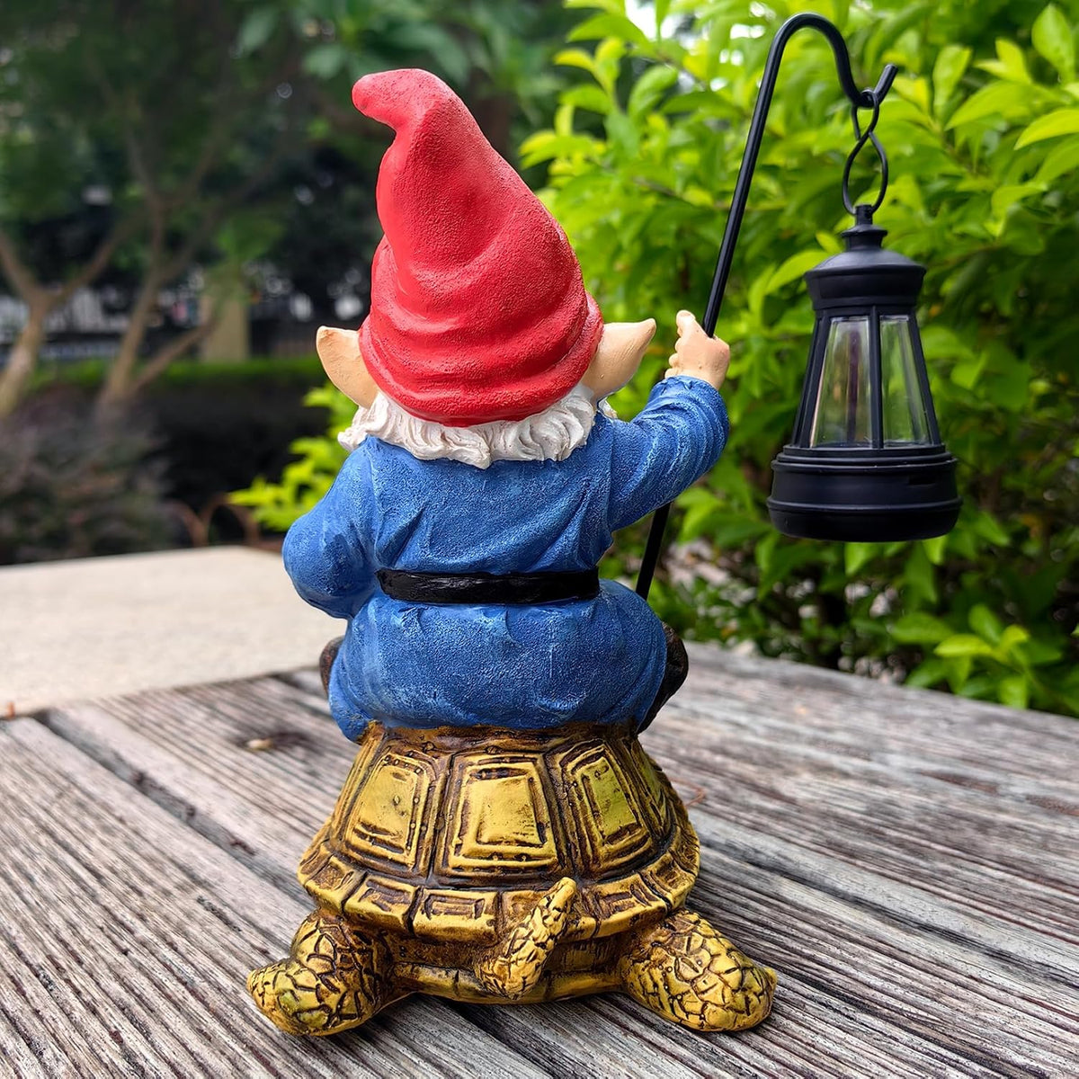 Garden Gnome Statue Riding Turtle - Garden Gnomes Decorations with Solar LED Lights, 7.9" Outdoor