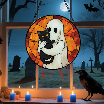 Stained Glass Window Hanging - Halloween Decorations White Ghost Black Cat Suncatcher for Doors