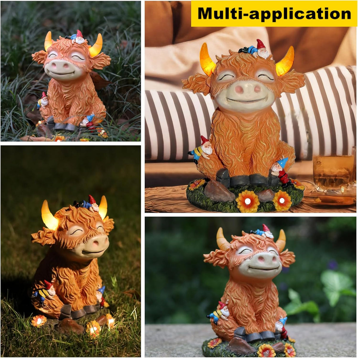 Solar Garden Statue Highland Cow Figurine with Funny Gnomes Garden Outdoor Decor for Yard Patio