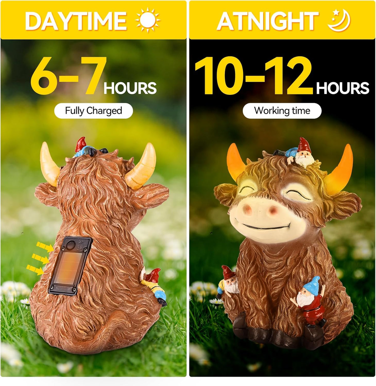 Solar Garden Statue Highland Cow Figurine with Funny Gnomes Garden Outdoor Decor for Yard Patio