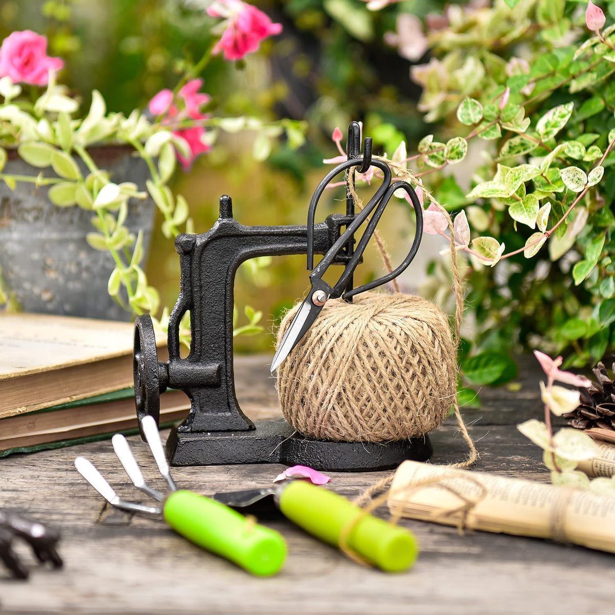 Sungmor Cast Iron Twine Holder and Scissors Set, Vintage Jute Twine Garden String Holder