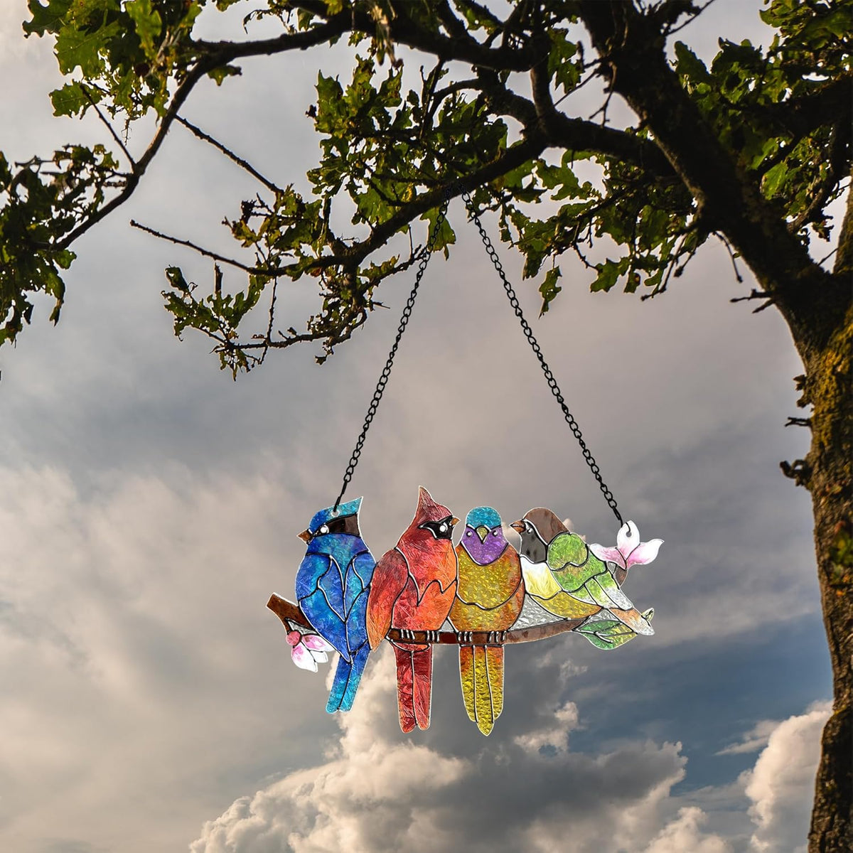 Stained Glass Window Hanging - Birds on A Branch Suncatcher for Window Doors Home Decoration