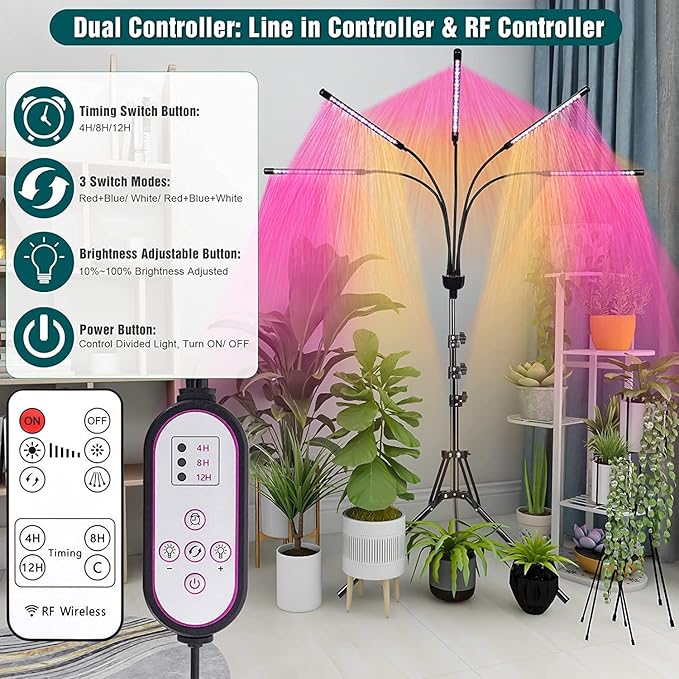 Grow Lights for Indoor Plants,5 Heads Red Blue White Full Spectrum Plant Light with 15-60"
