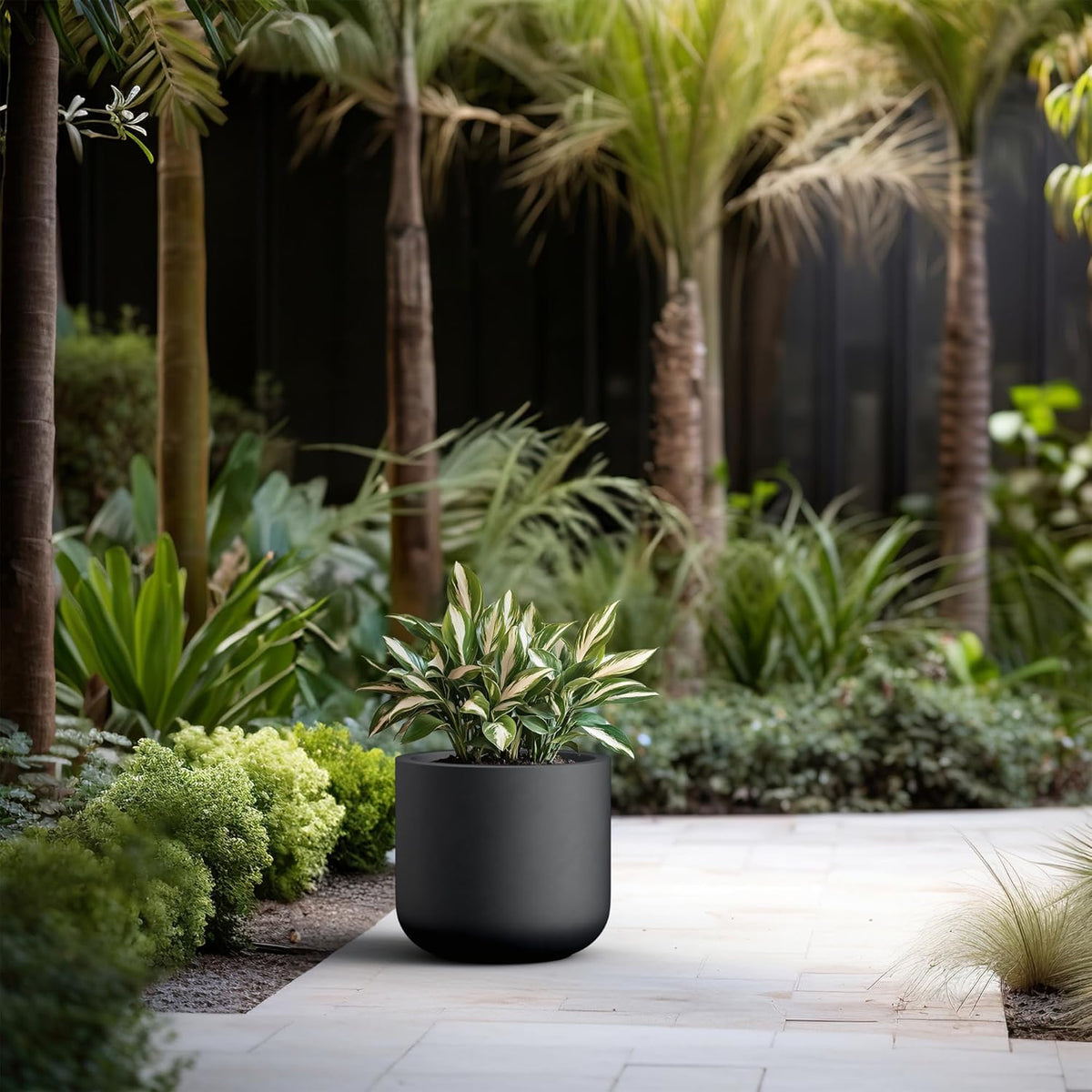 Kante 13.8-Inch Dia Round Concrete Planter, Indoor & Outdoor Garden Pot with Drainage Hole & Rubber