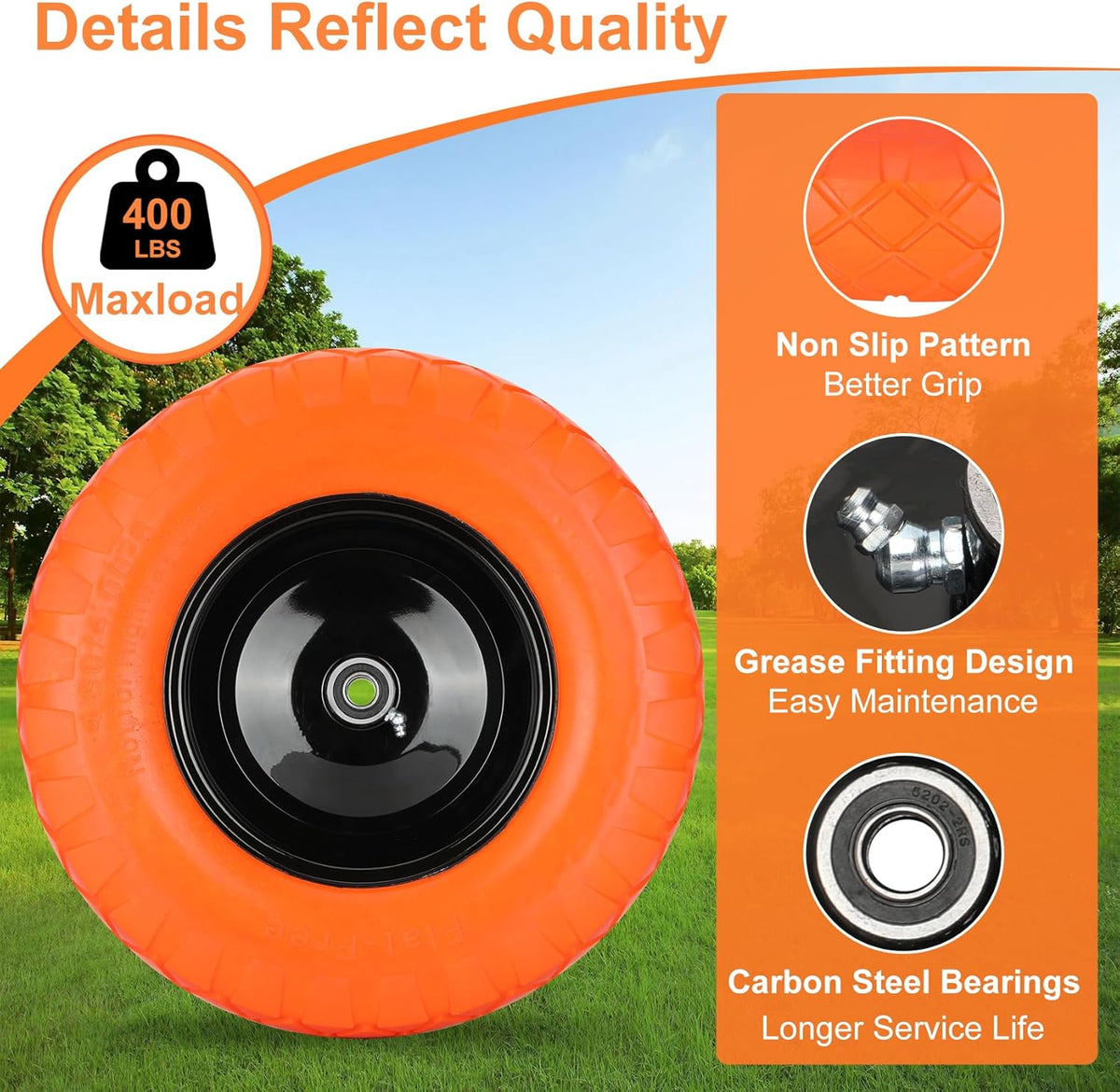 Upgraded 16" Flat Free Wheelbarrow Wheels and Tires, 4.80/4.00-8 Solid Tires with 5/8"&3/4"