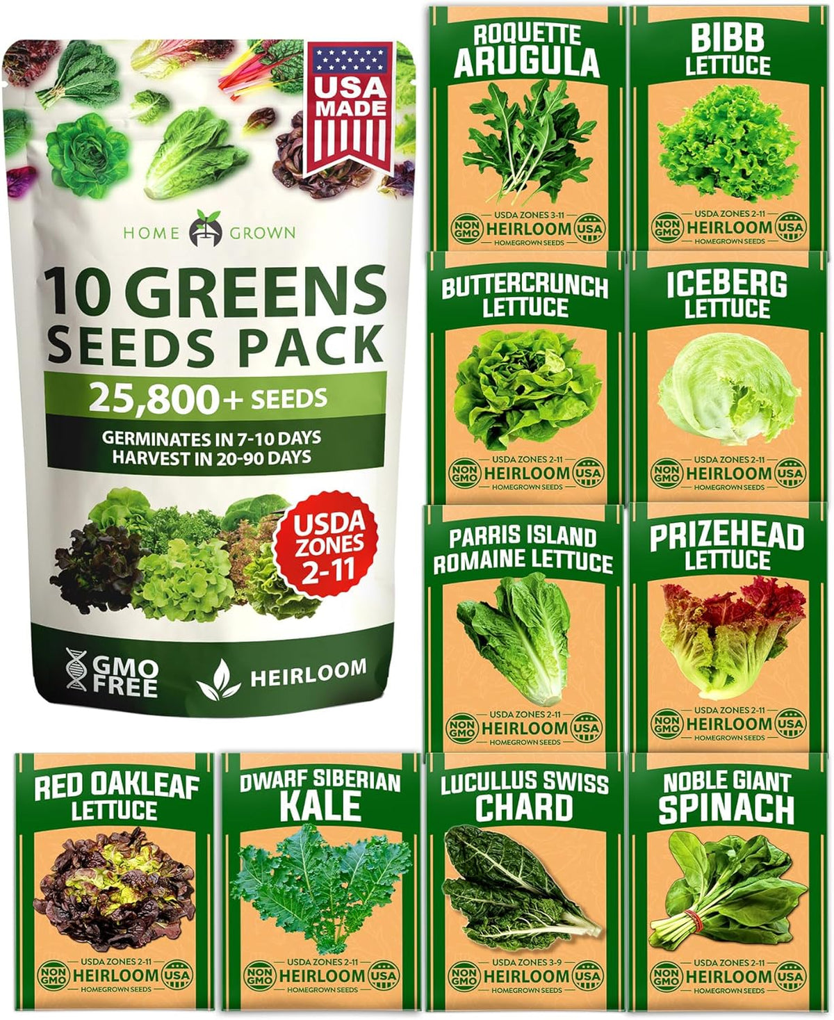 HOME GROWN 11,500+ Heirloom Lettuce Seeds - 10 Varieties Including Romaine, Buttercrunch, Iceberg